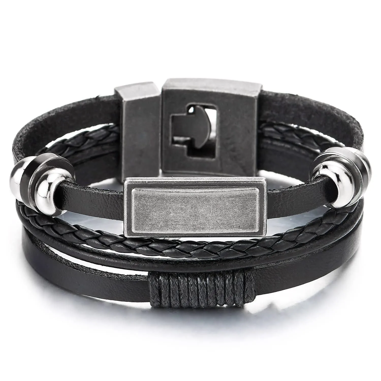 Mens Women Multi-Strand Black Braided Leather Bracelet with Rectangle ID Beads Charm