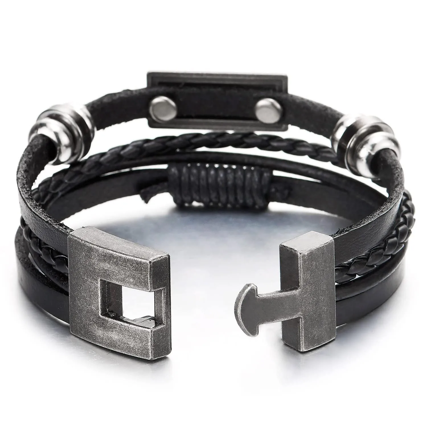 Mens Women Multi-Strand Black Braided Leather Bracelet with Rectangle ID Beads Charm