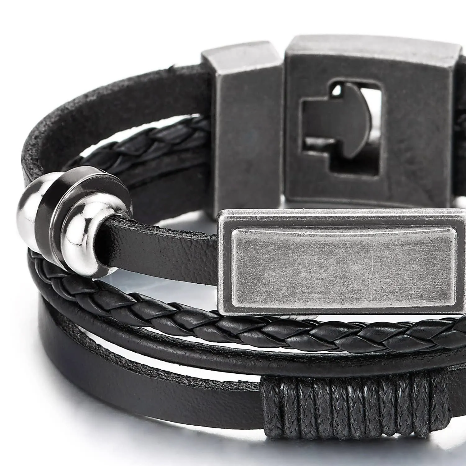 Mens Women Multi-Strand Black Braided Leather Bracelet with Rectangle ID Beads Charm