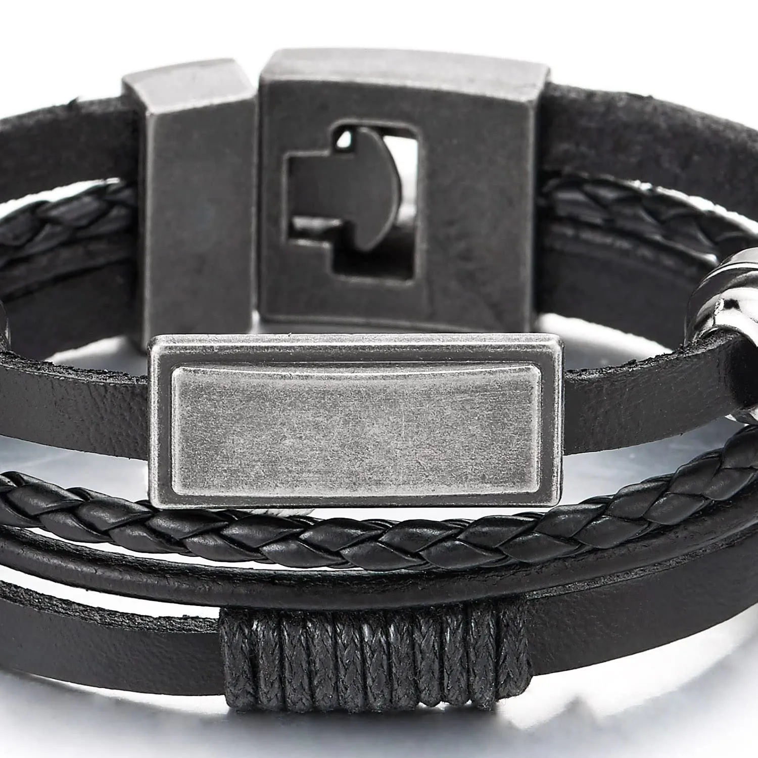 Mens Women Multi-Strand Black Braided Leather Bracelet with Rectangle ID Beads Charm