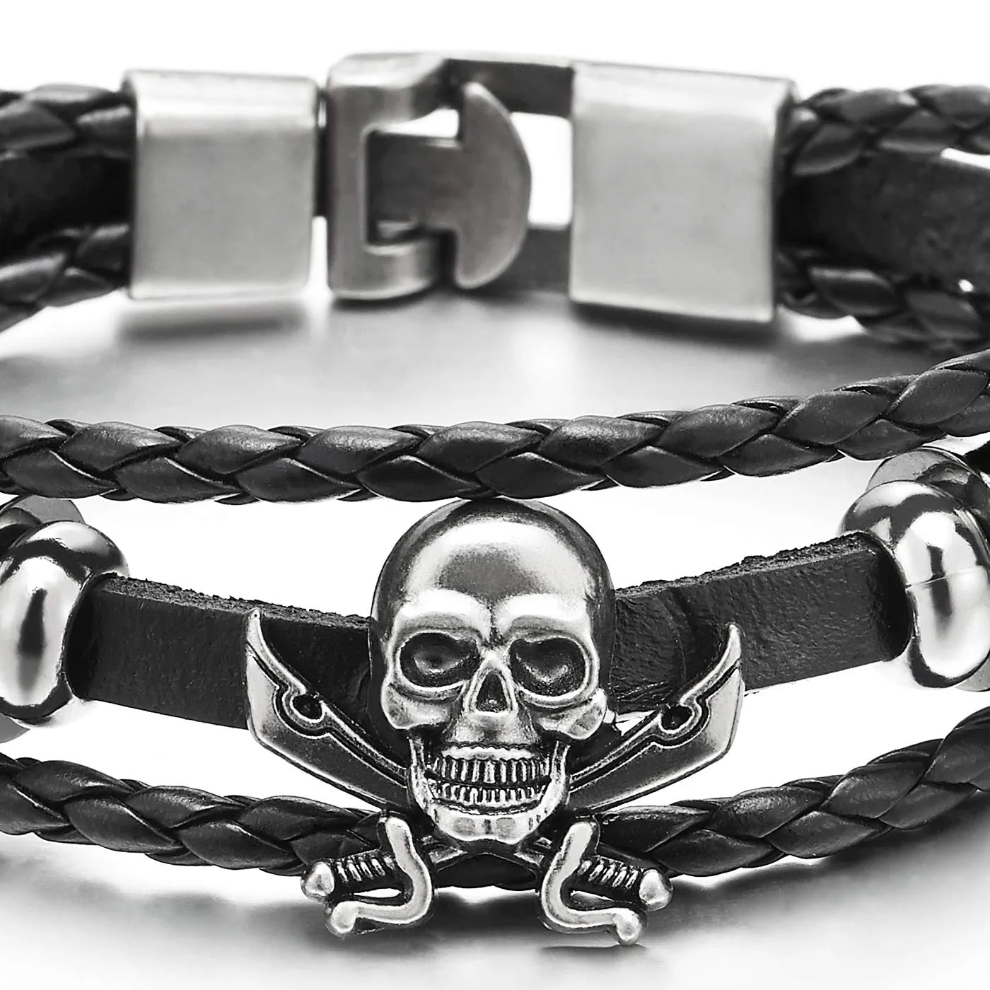 Mens Women Sword Pirate Skull Black Braided Leather Bracelet Multi-Strand Leather Wristband Bracelet