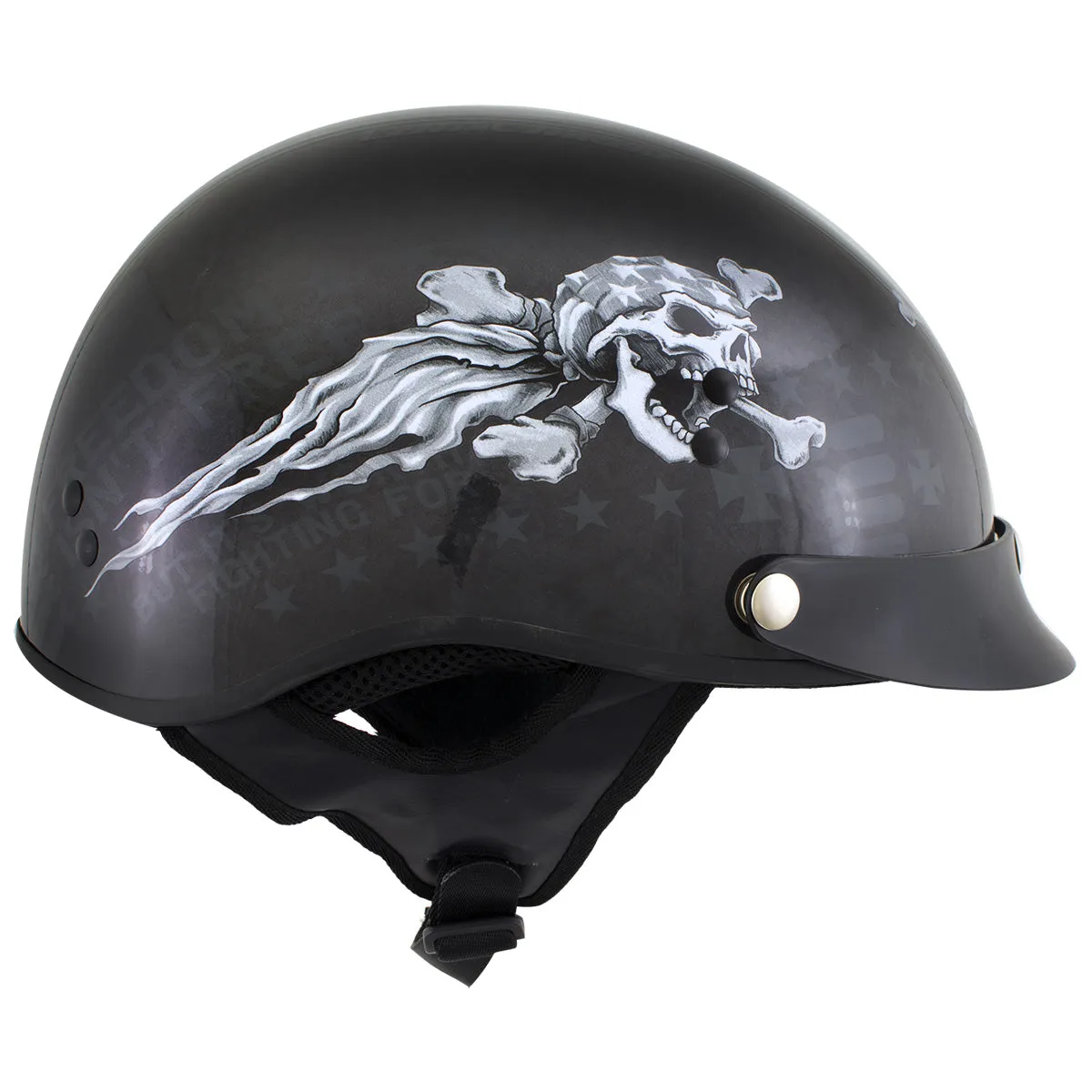 Milwaukee Helmets T70 'Freedom Skulls' Black Glossy Motorcycle DOT Approved Skull Cap Half Helmet for Men and Women Biker