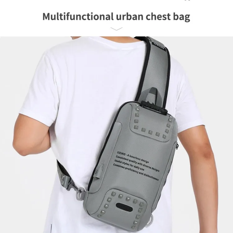 Ozuko 9283 Men Outdoor Anti-theft Chest Bag Rivet Messenger Bag with External USB Charging Port(Dark Gray)