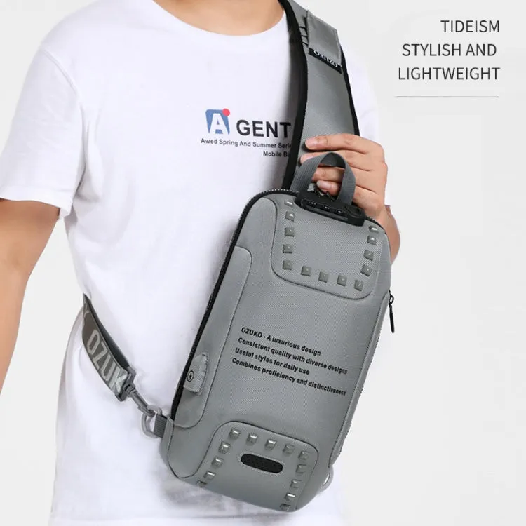 Ozuko 9283 Men Outdoor Anti-theft Chest Bag Rivet Messenger Bag with External USB Charging Port(Dark Gray)