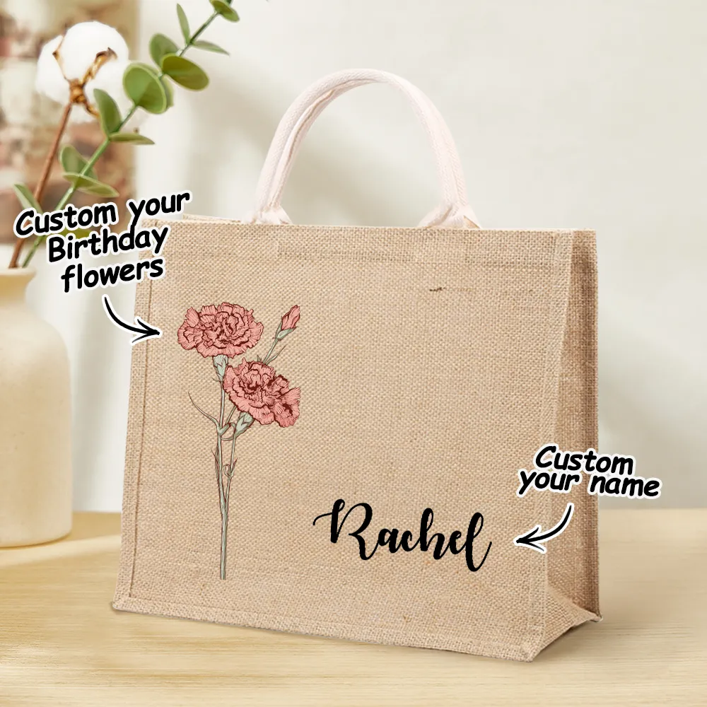 Personalized Birth Flower Beach Jute Tote Bag with Name Birthday Wedding Party Gifts for Her