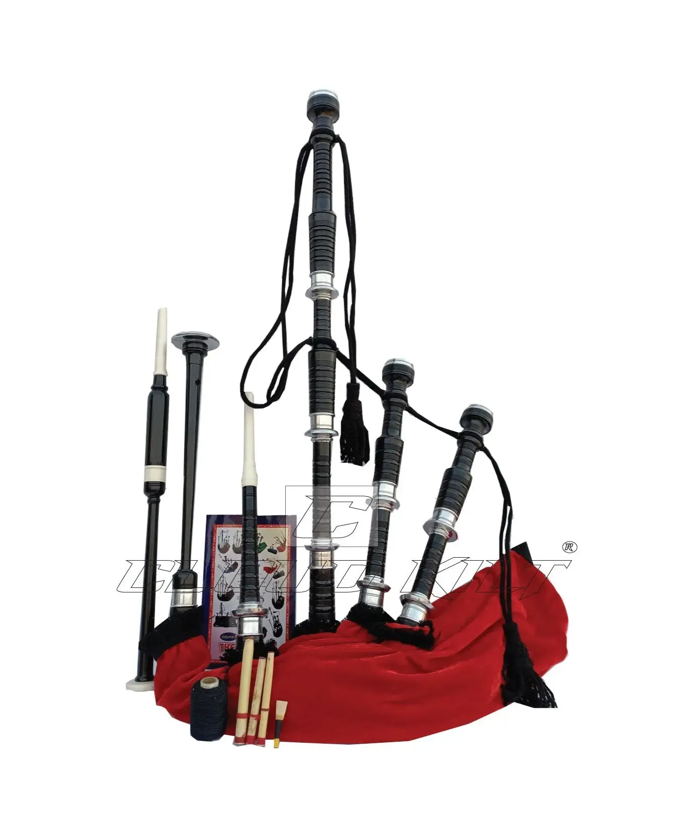 Red Velvet Bagpipe Set Silver & Black Finish With Hard Case