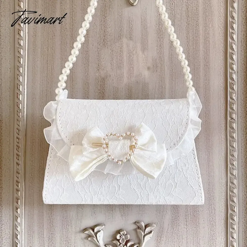 TAVIMART  Sweet Patchwork Lace Lolita Bags 2024 Pearl Eleagnt Uniform Crossbody Bags New Designed Aesthetic Vintage Bow Hangbag Women