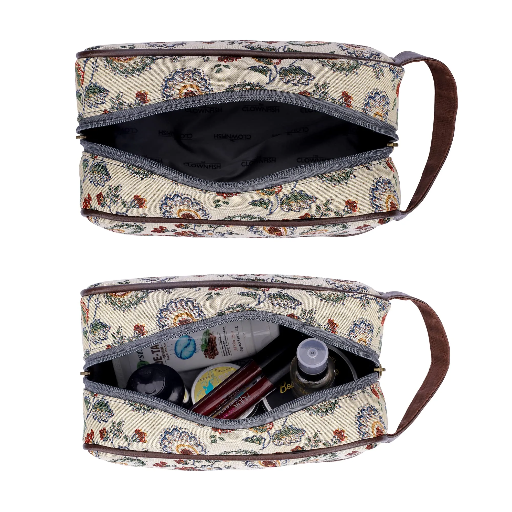 The Clownfish Flossy Multipurpose Tapestry Travel Pouch Toiletry Bag Shaving Kit Bag for Men Make-Up Pouch for Women Toiletry Bag for Men Travel Kit for Men & Women (Dark Brown-Floral)