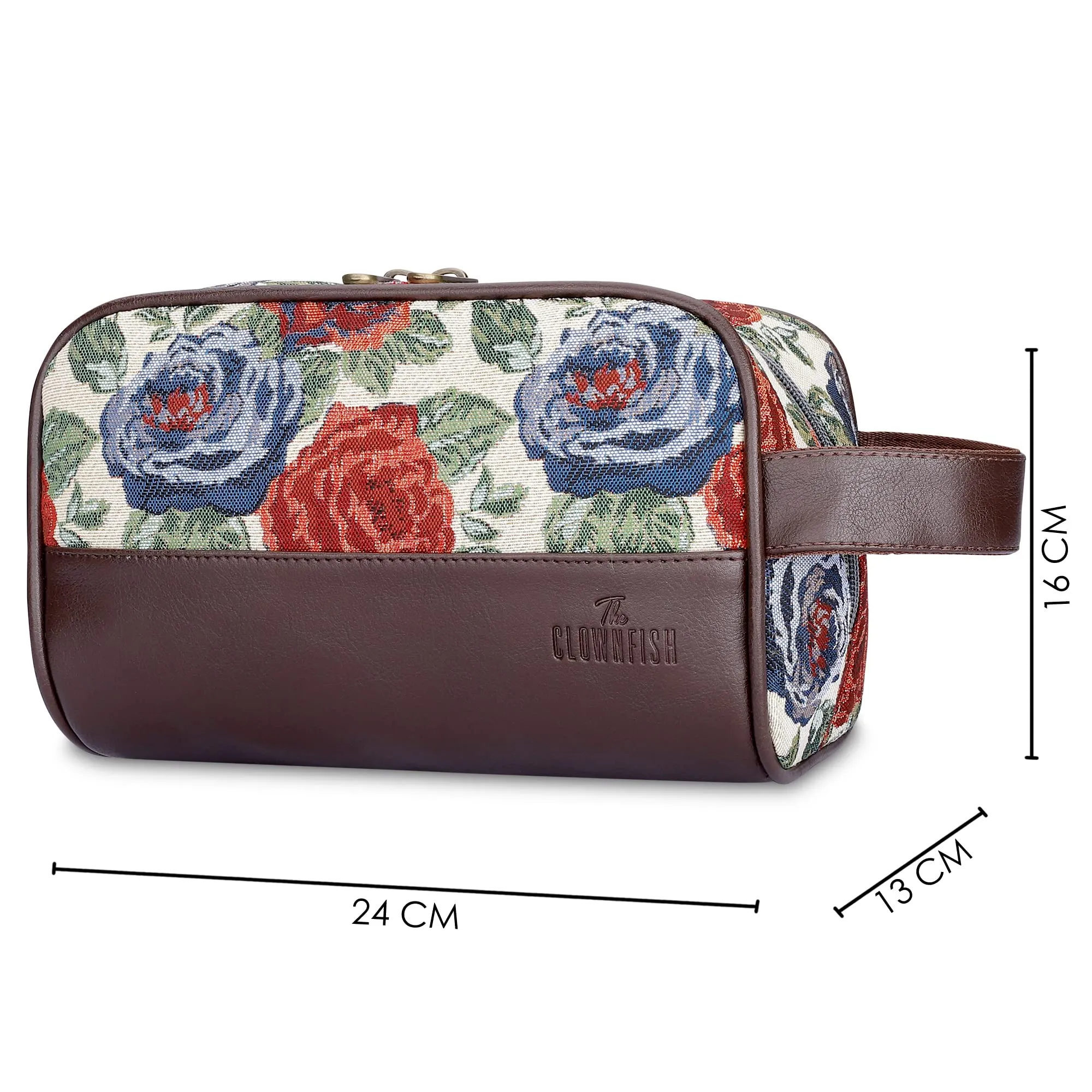 The Clownfish Flossy Multipurpose Tapestry Travel Pouch Toiletry Bag Shaving Kit Bag for Men Make-Up Pouch for Women Toiletry Bag for Men Travel Kit for Men & Women (Red-Floral)