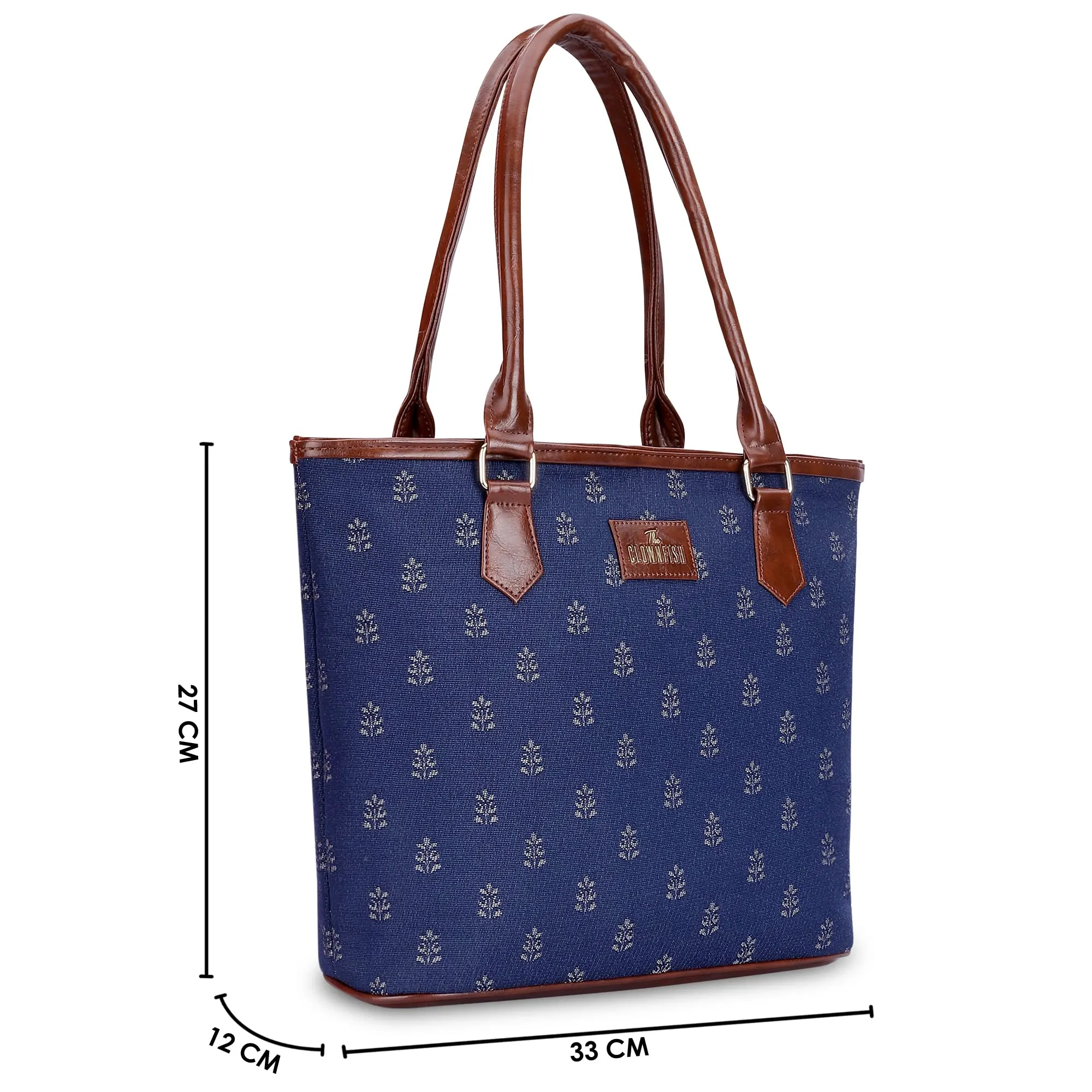 THE CLOWNFISH Justina Tapestry Fabric & Faux Leather Handbag for Women Office Bag Ladies Shoulder Bag Tote For Women College Girls (Denim Blue)