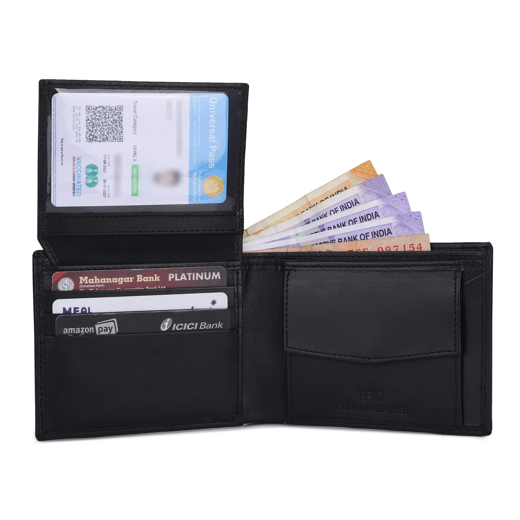 THE CLOWNFISH RFID Protected Genuine Leather Bi-Fold Wallet for Men with Multiple Card Slots & Coin Pocket (Black)