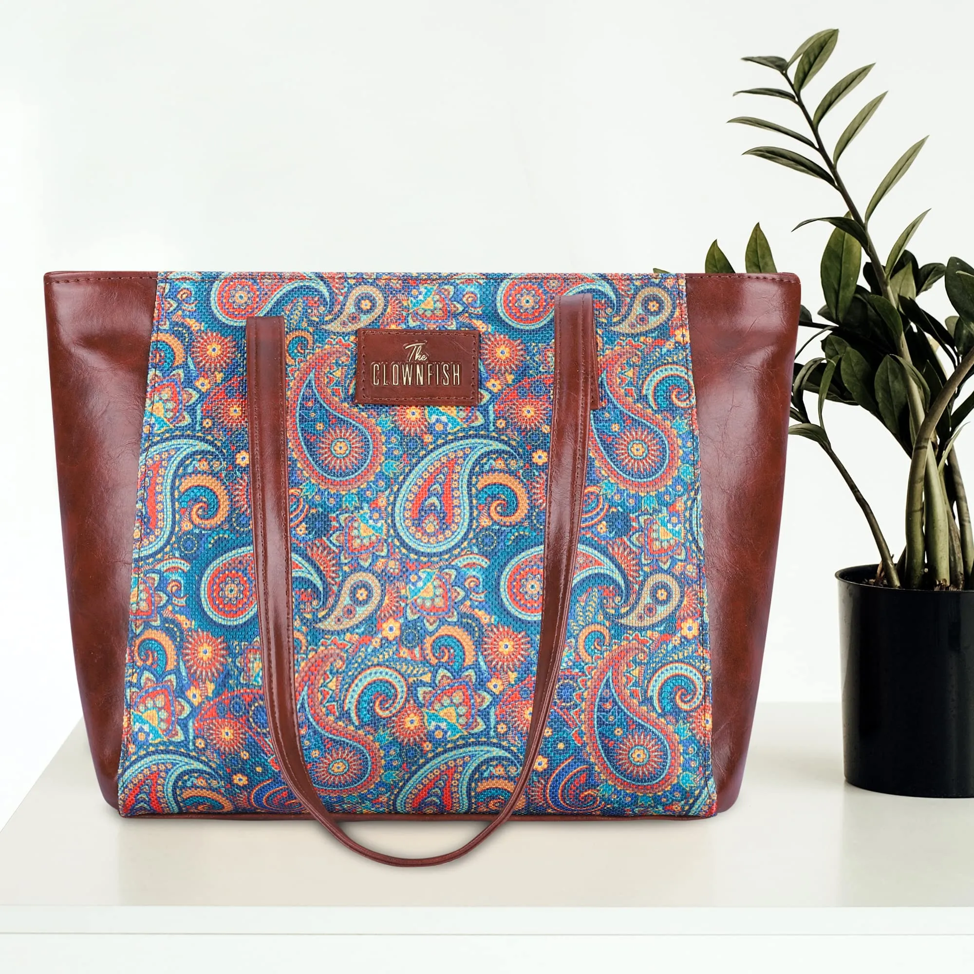 THE CLOWNFISH Valentine Printed Handicraft Fabric & Faux Leather Handbag for Women Office Bag Ladies Shoulder Bag Tote for Women College Girls (Sapphire Blue-Paisley Print)