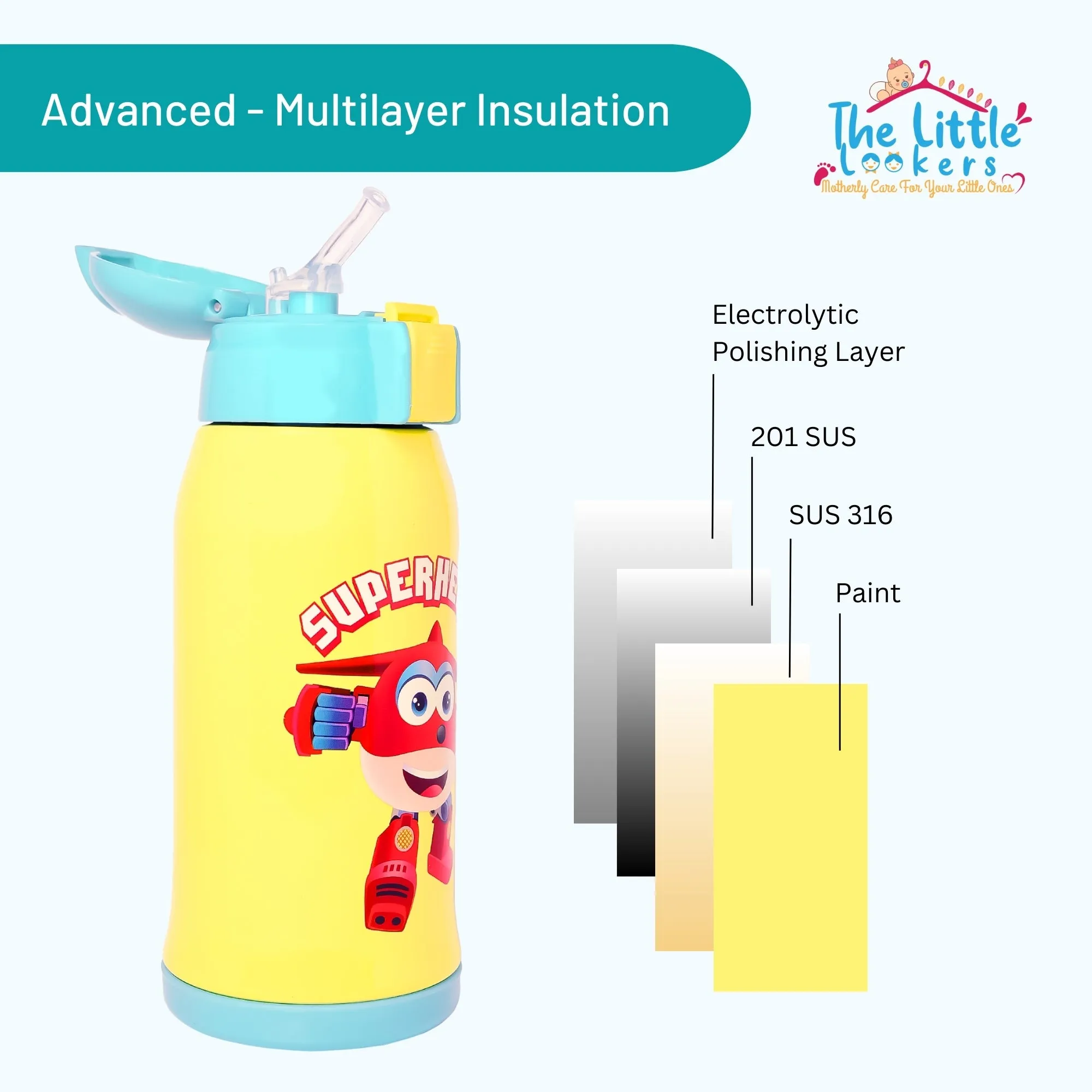 THE LITTLE LOOKERS Stainless Steel Insulated Sipper Bottle with Pop up Straw & Cover for Kids (550ml)