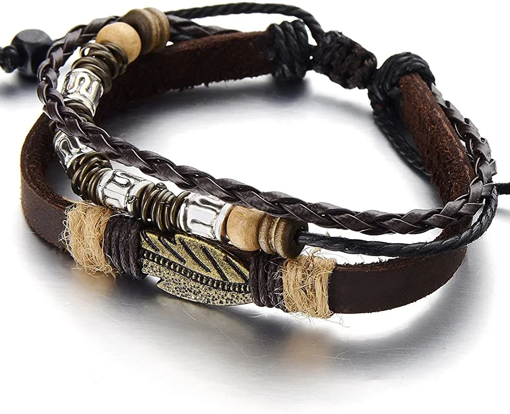 Tribal Tibetan Multi-Strand Brown Leather Bracelet for Men Women Leather Wristband Wrap Bracelet