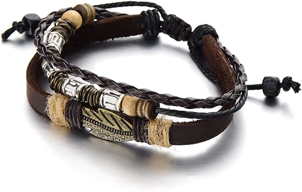 Tribal Tibetan Multi-Strand Brown Leather Bracelet for Men Women Leather Wristband Wrap Bracelet