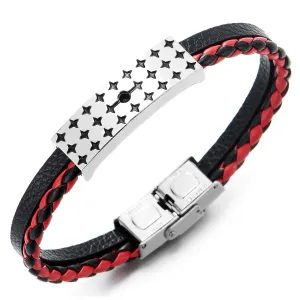 Two-Row Black Red Braided Leather Bangle Bracelet with Steel Silver Black Star ID Identification