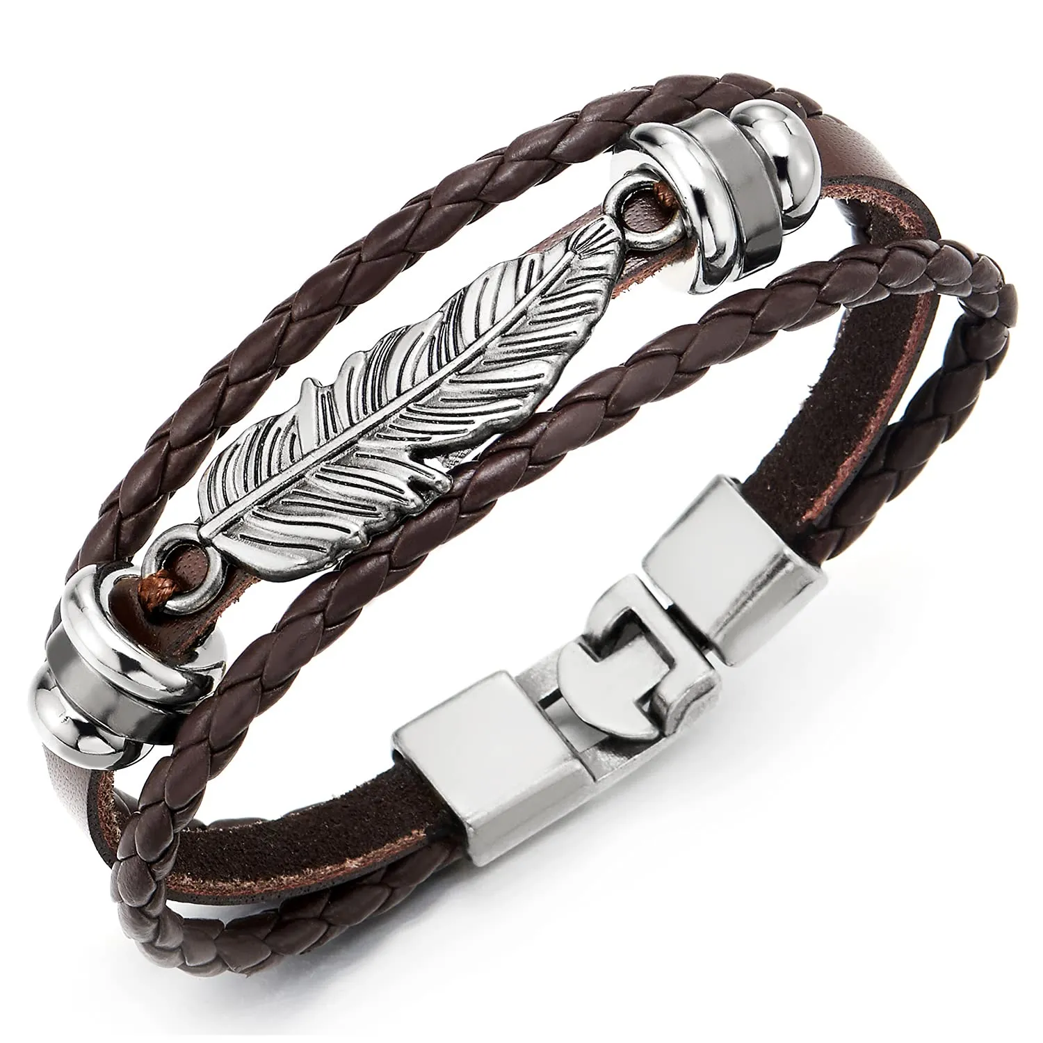 Vintage Feather Leaf Brown Braided Leather Bracelet for Men Women, Three-Row Leather Wristband