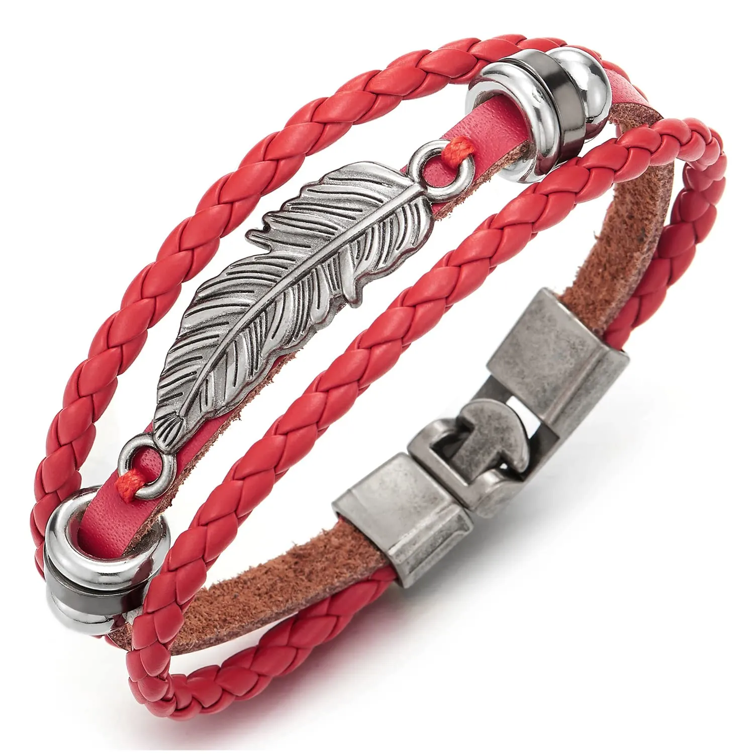 Vintage Feather Leaf Red Braided Leather Bracelet for Men Women, Three-Row Leather Wristband