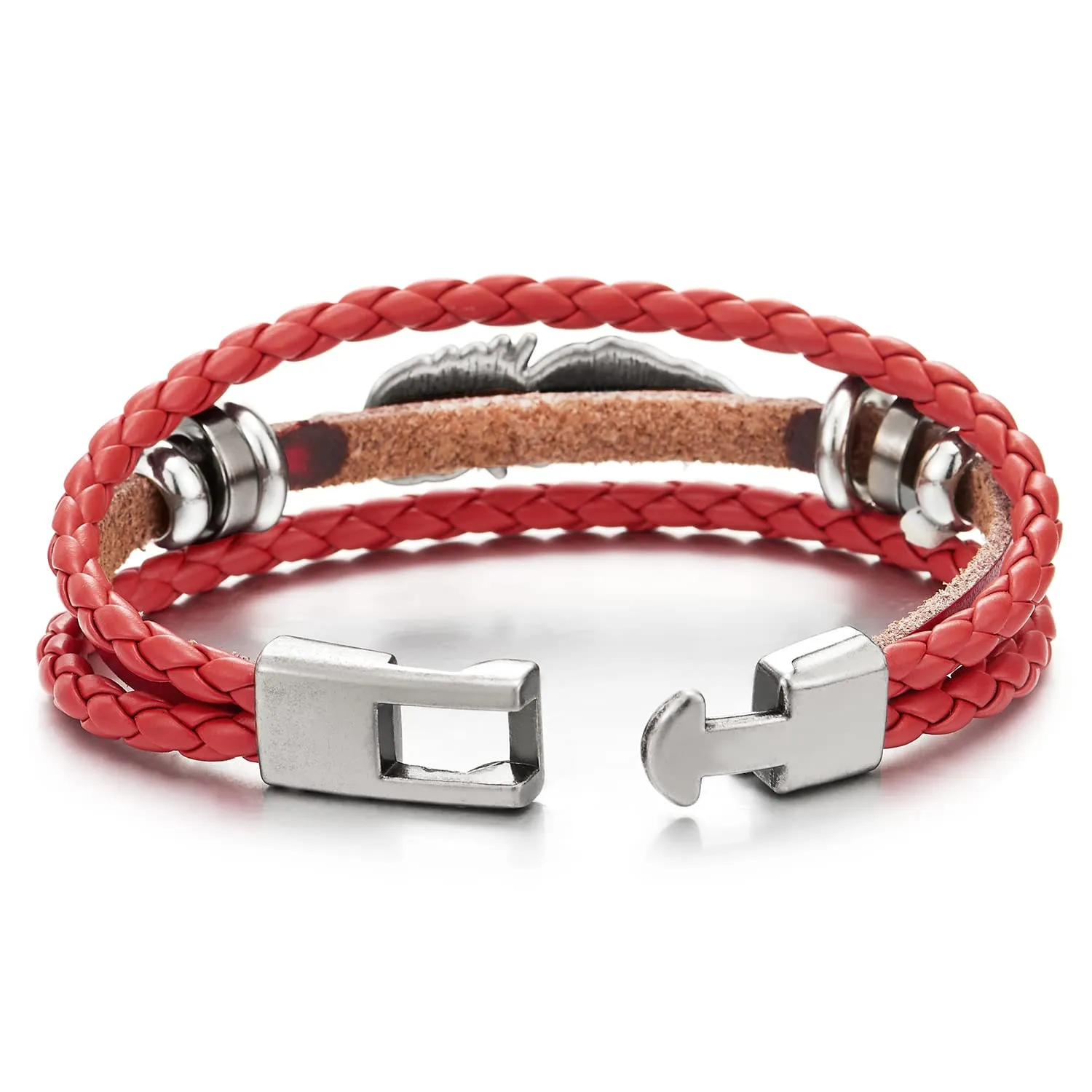 Vintage Feather Leaf Red Braided Leather Bracelet for Men Women, Three-Row Leather Wristband