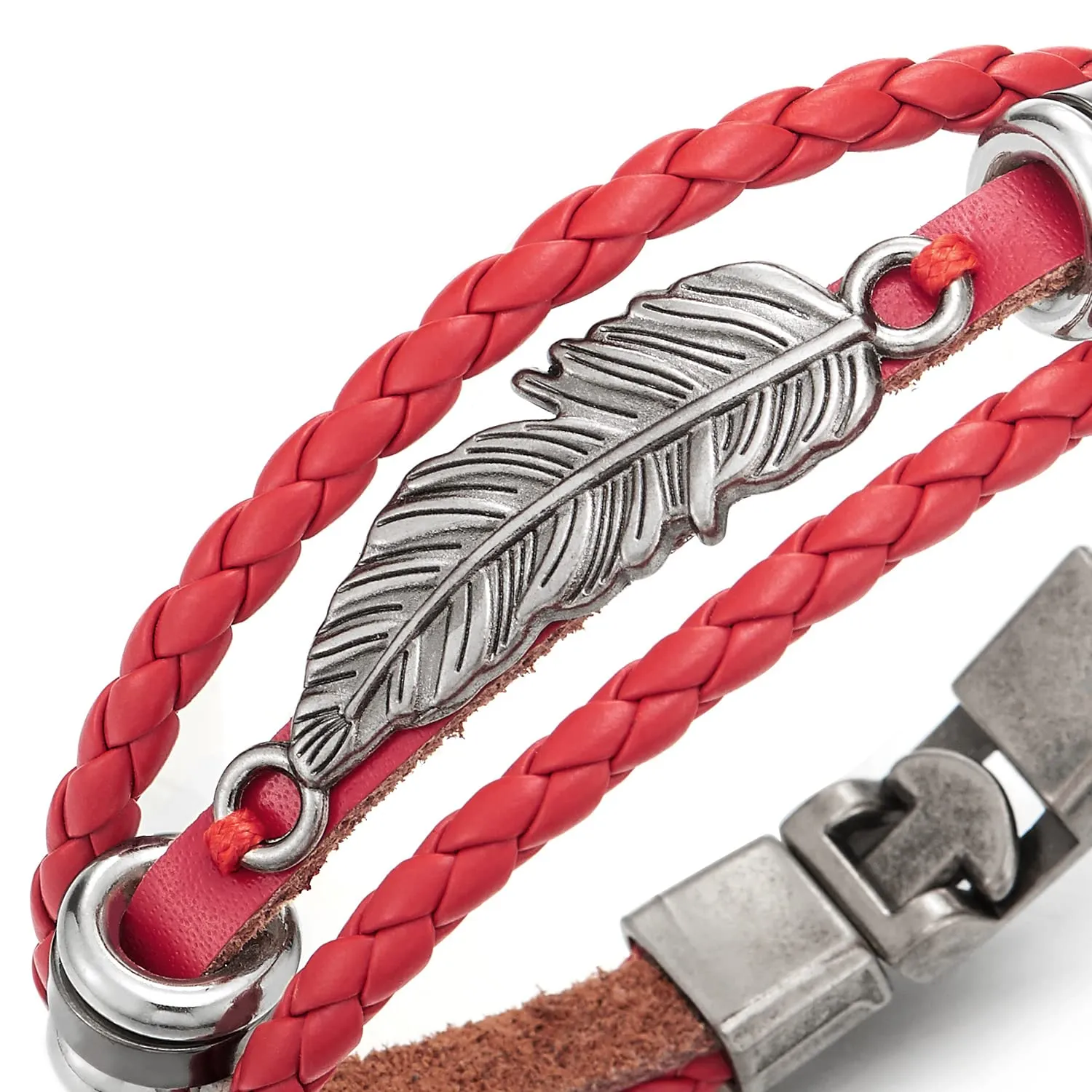 Vintage Feather Leaf Red Braided Leather Bracelet for Men Women, Three-Row Leather Wristband