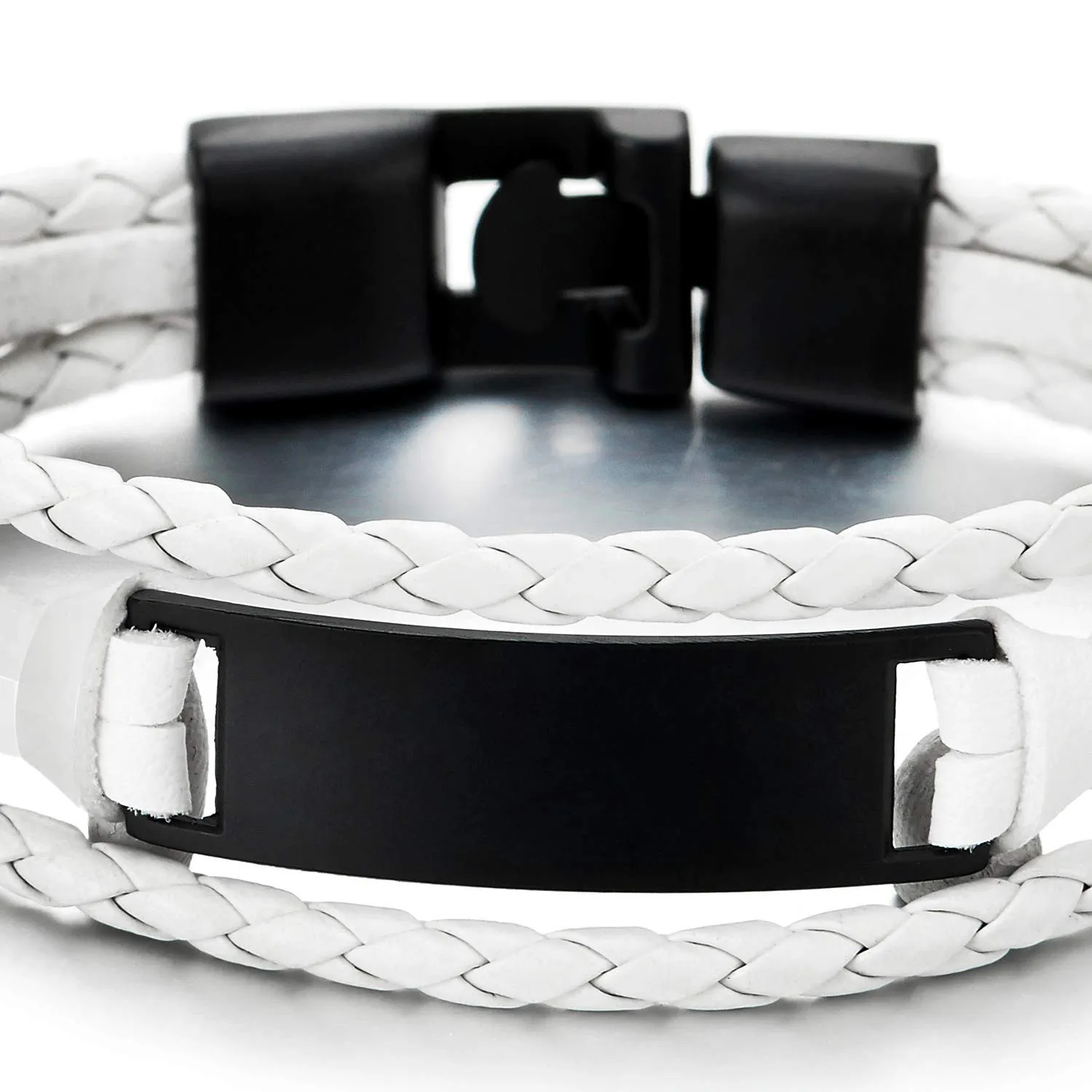 White Braided Leather Bracelet with Black ID Identification, Men Women Three-Row Leather Wristband