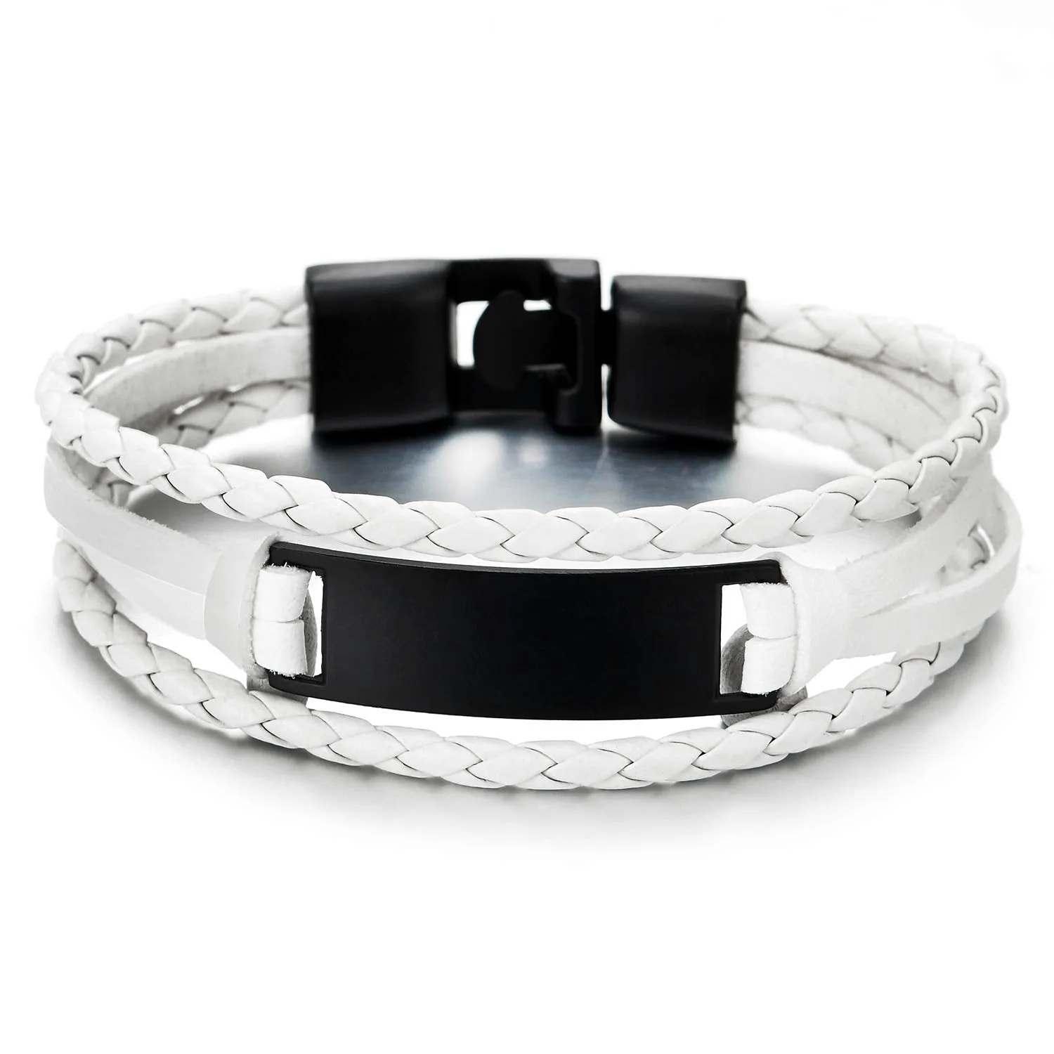 White Braided Leather Bracelet with Black ID Identification, Men Women Three-Row Leather Wristband