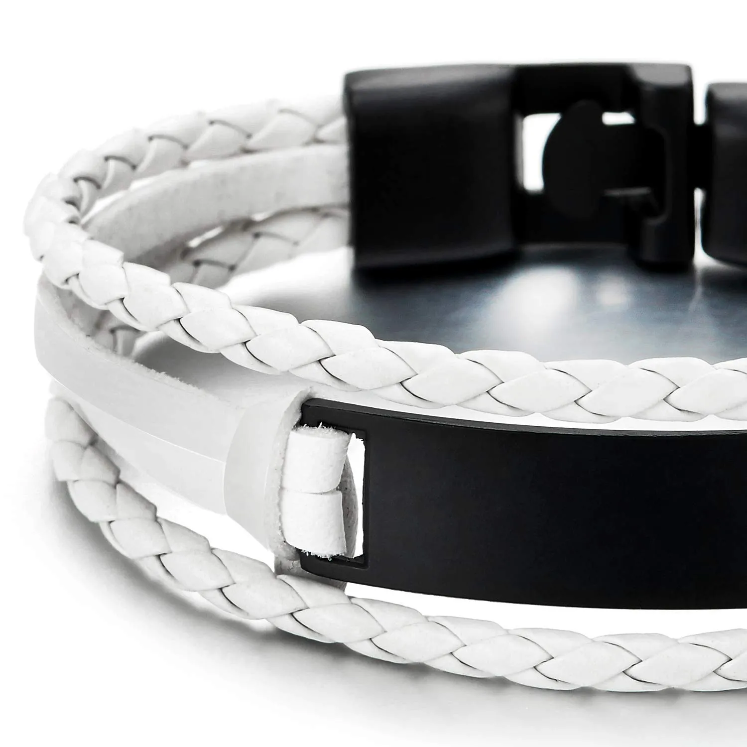 White Braided Leather Bracelet with Black ID Identification, Men Women Three-Row Leather Wristband