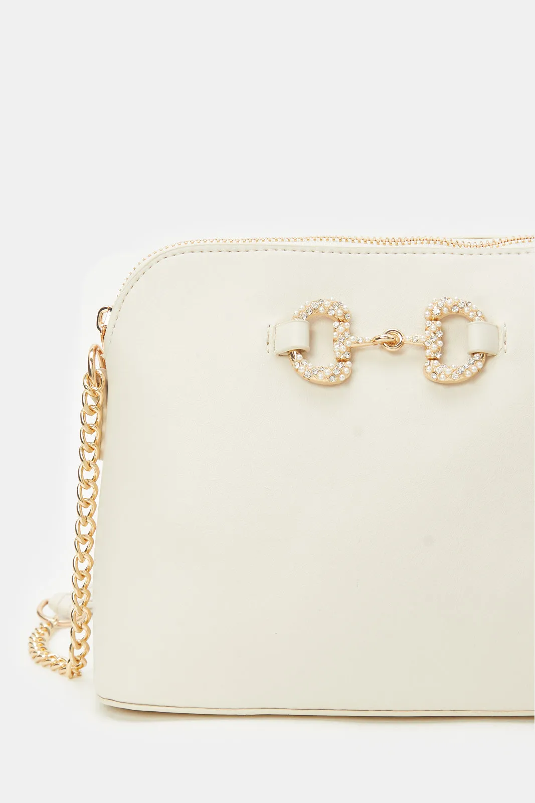 Women Beige Pearls Cross Body Bag