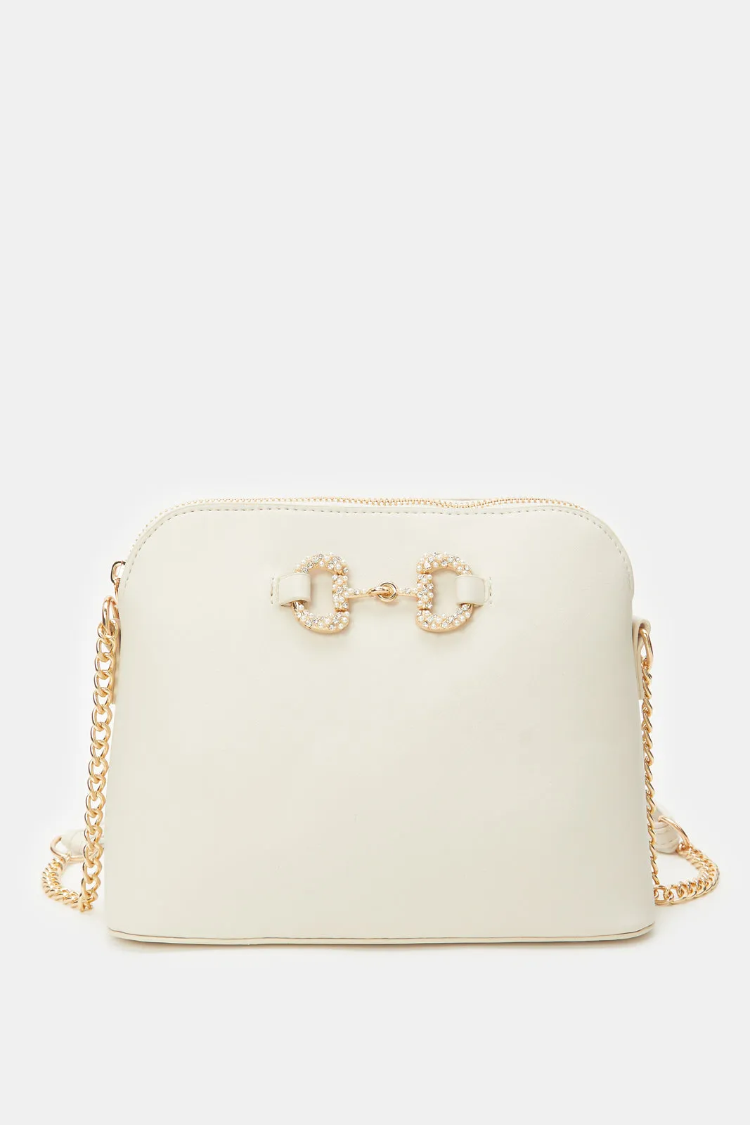 Women Beige Pearls Cross Body Bag