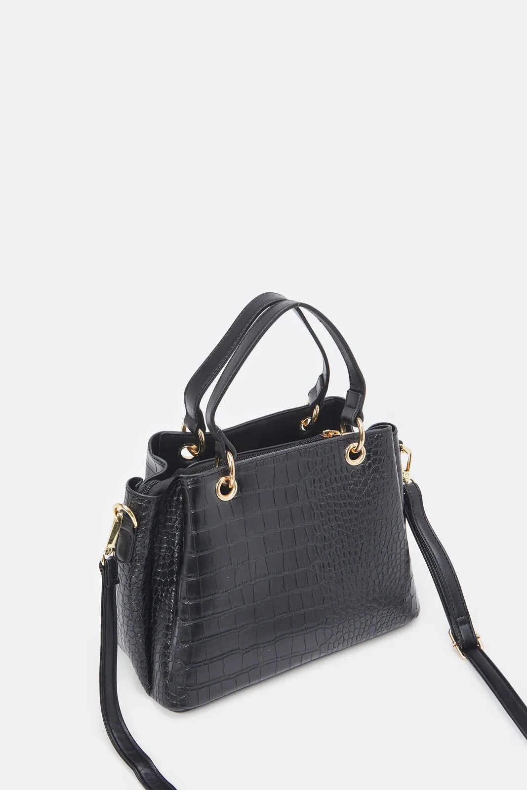 Women Black Croc Textured Bag