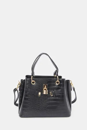 Women Black Croc Textured Bag