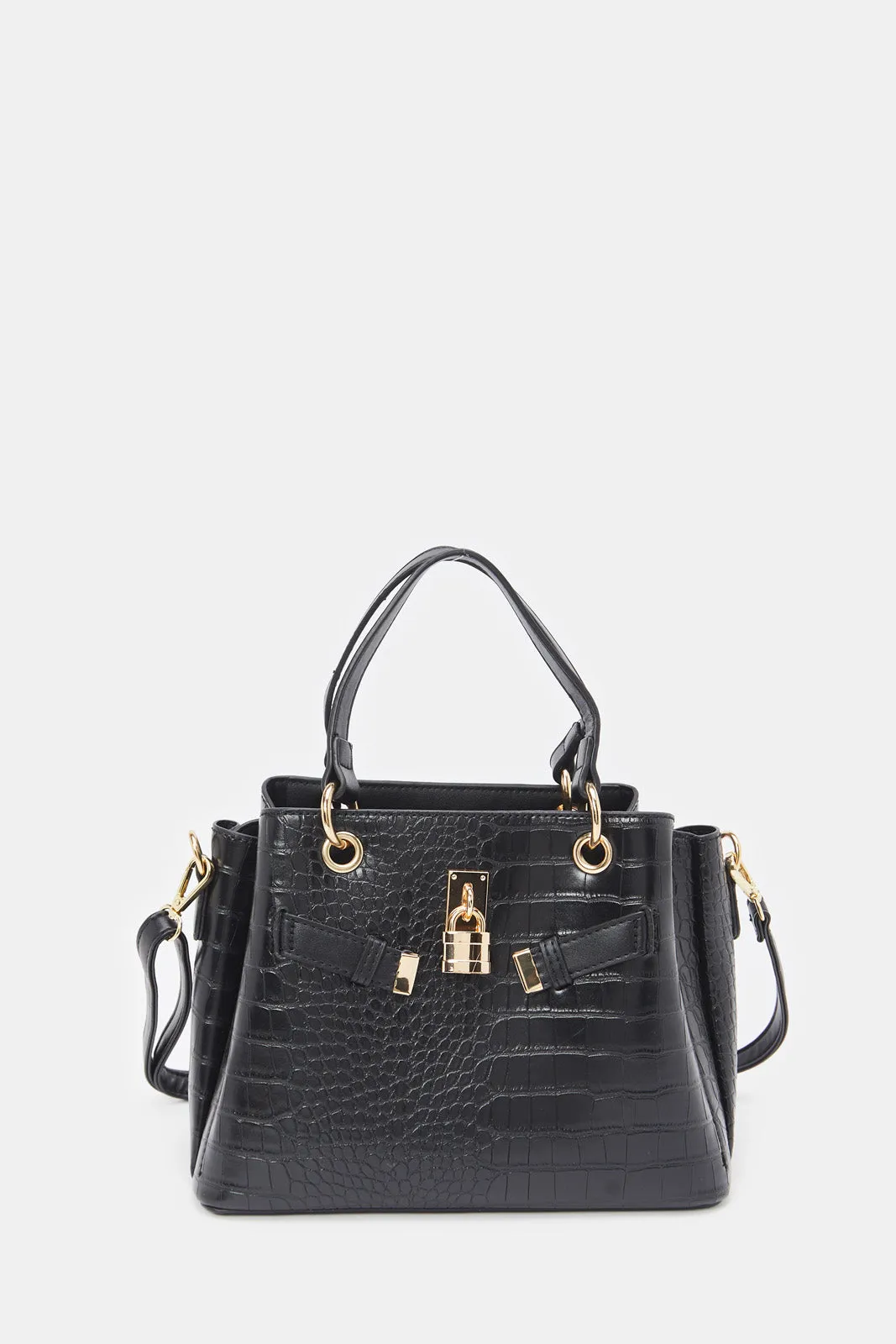 Women Black Croc Textured Bag