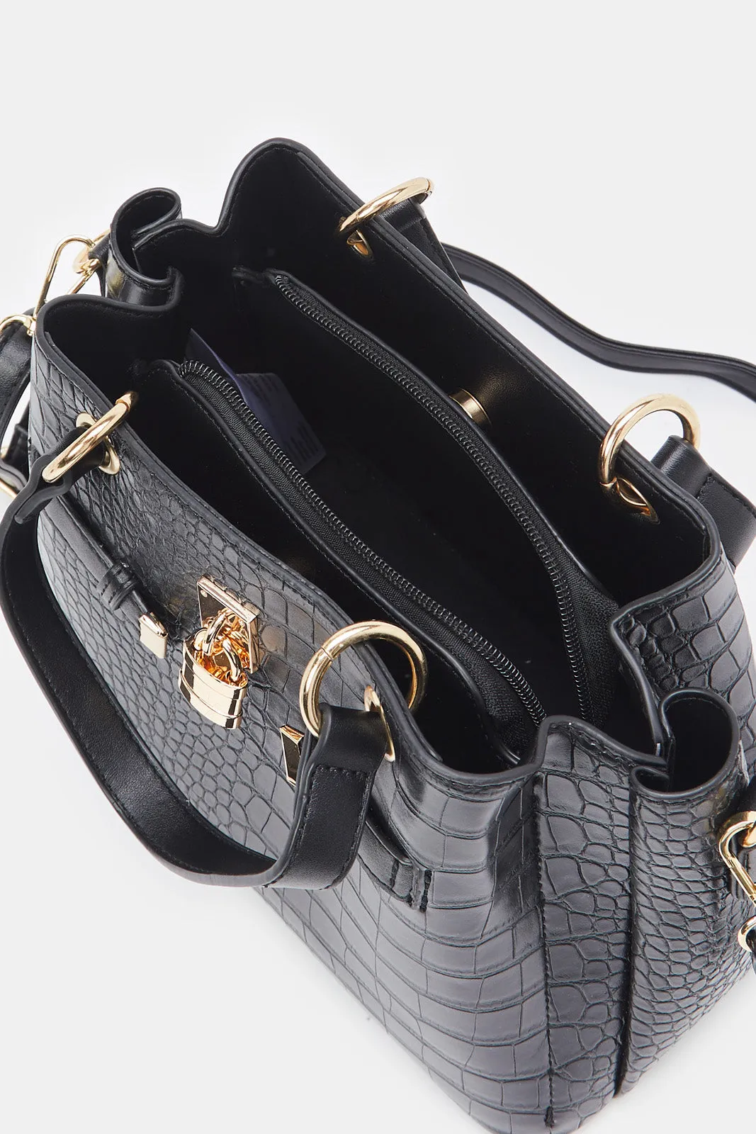 Women Black Croc Textured Bag