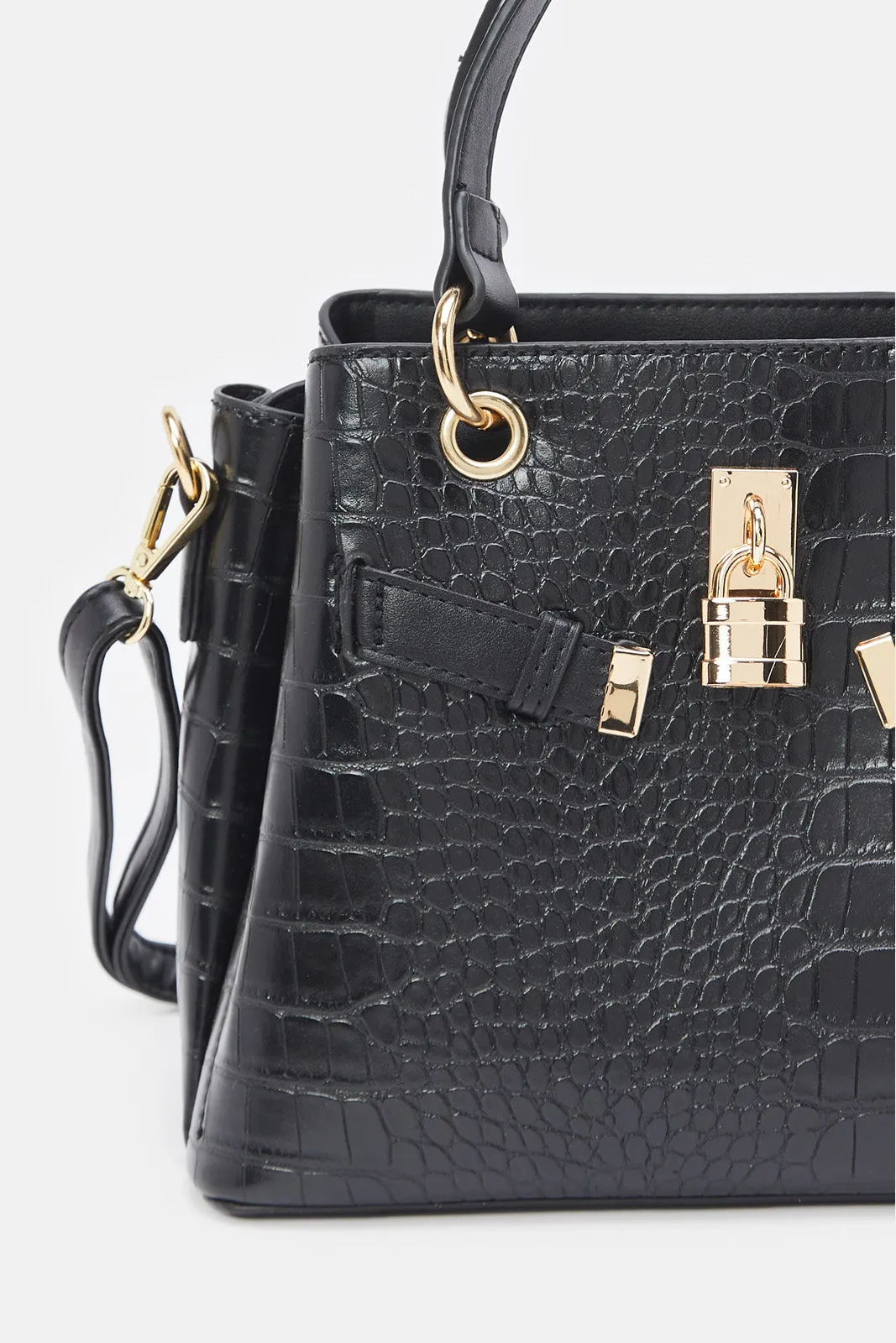 Women Black Croc Textured Bag