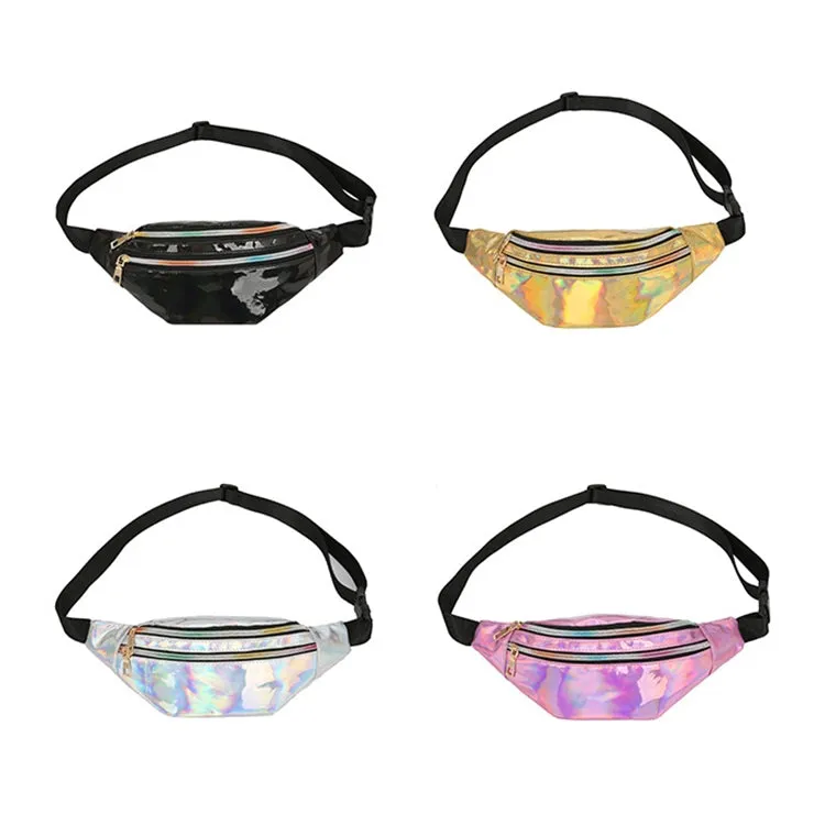 Women Punk Laser Glossy PU Double Zipper Chest Bag Casual Waist Bag(Pink)