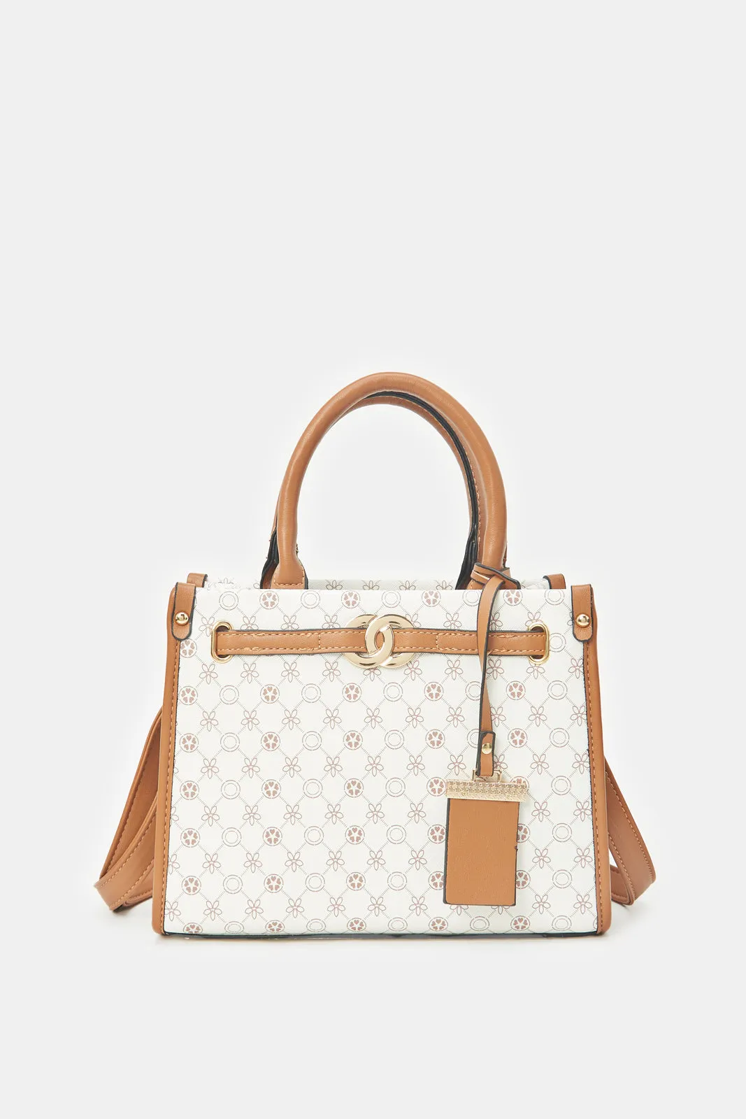 Women White And Brown Printed Day Bag