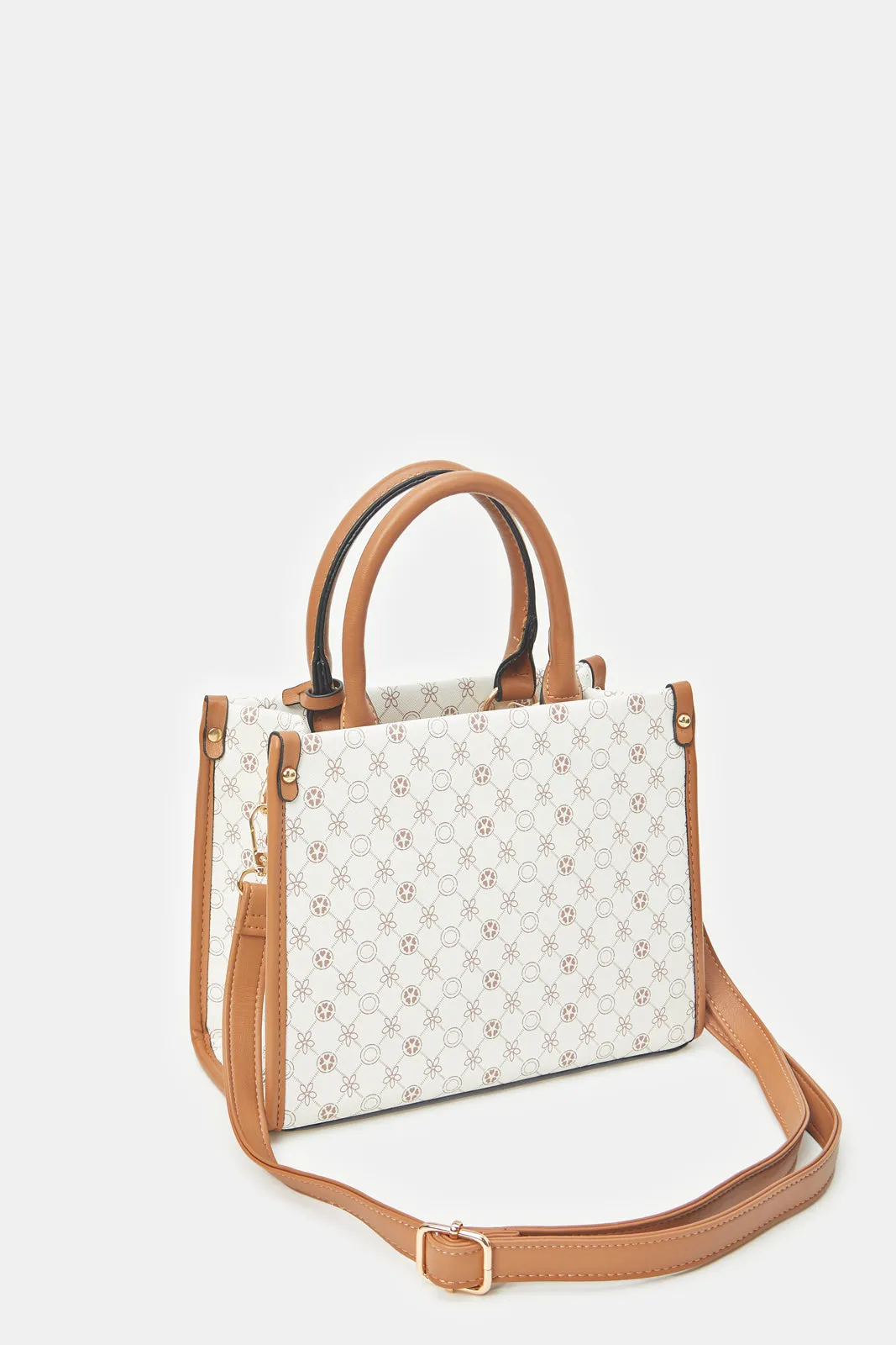 Women White And Brown Printed Day Bag