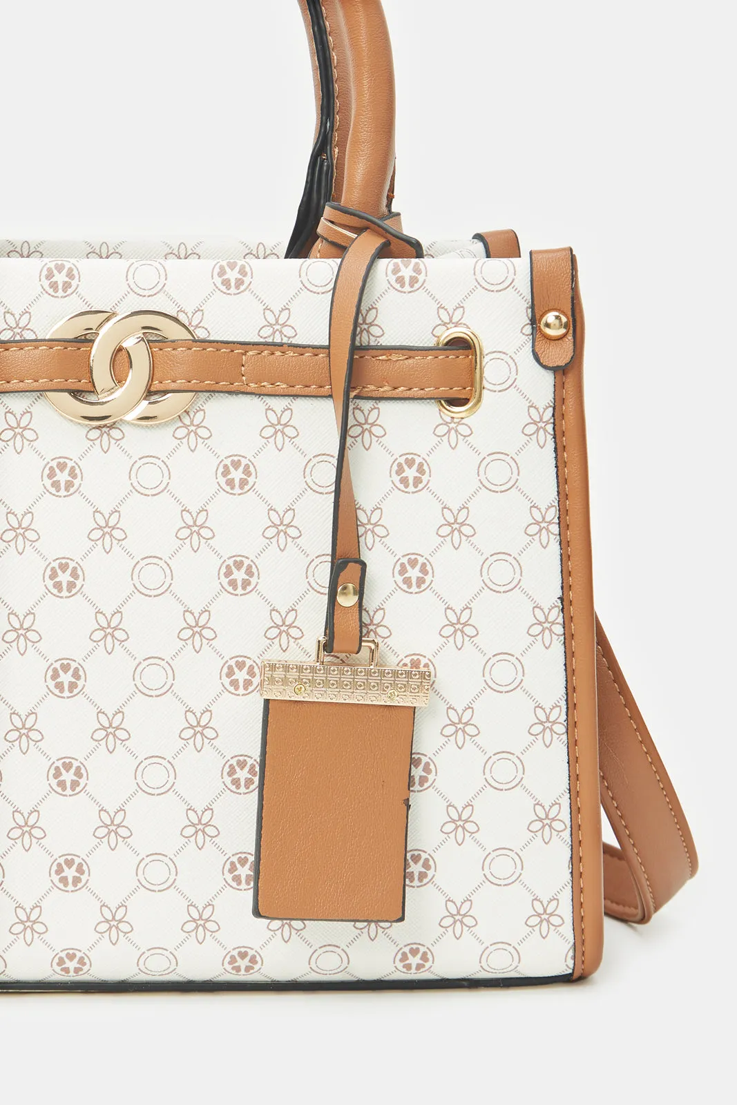 Women White And Brown Printed Day Bag